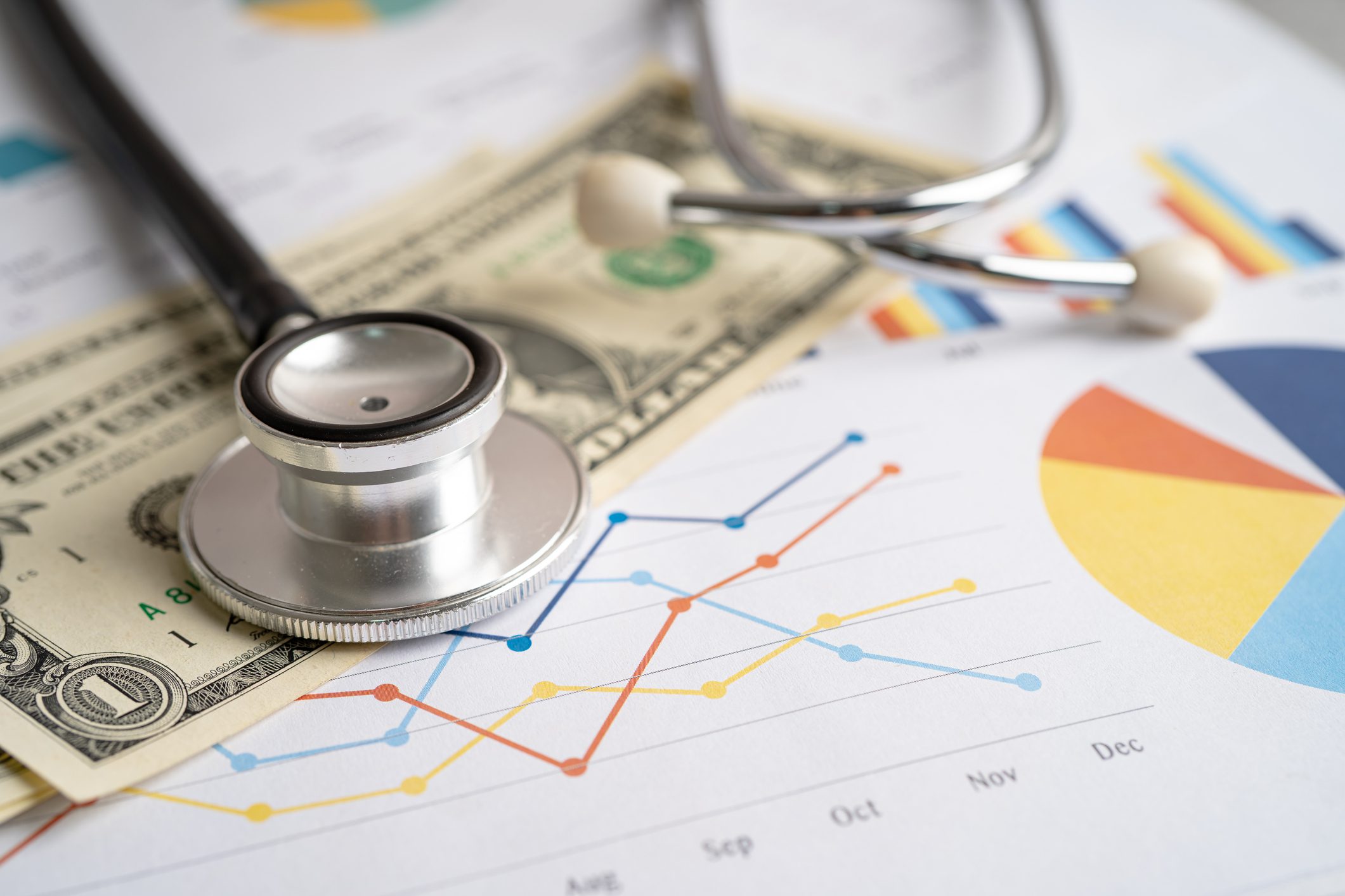 Stethoscope on financial charts and dollar bills.